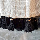 White Woven Cotton Throw with Black Tassels and Wooden Beads | 130×200cm